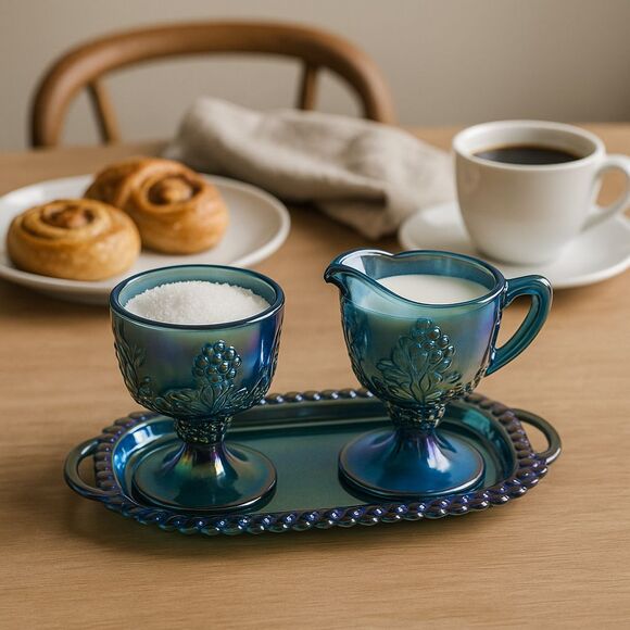 Vintage Indiana Glass Harvest Grape Blue Carnival Glass Creamer Sugar & Tray Set - Picture 1 of 16